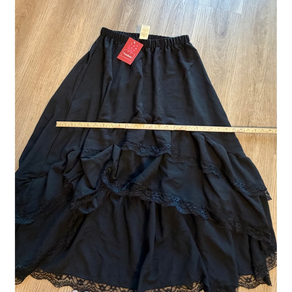 Verdusa Black Maxi Skirt High Low Asymmetrical Lace Trim Ruffle Gothic Boho - S